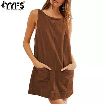 YYFS Женская мода лето весна однотонный принт без рукавов О-образный вырез свободная талия повседневные платья S