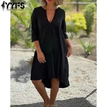 YYFS Женская мода лето весна однотонный принт рукава 1/2 с v-образным вырезом свободная талия повседневные платья S чёрный