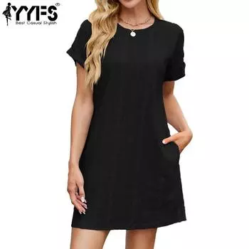 YYFS Женская мода лето весна однотонный принт короткий рукав О-образный вырез свободная талия повседневные платья S чёрный