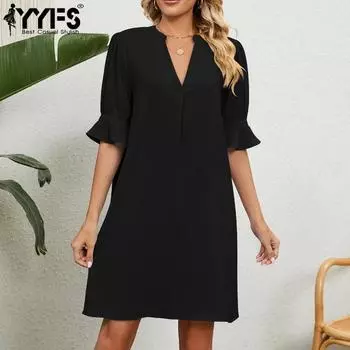 YYFS Женская мода лето весна однотонный принт короткий рукав V-образный вырез свободная талия повседневные платья S чёрный