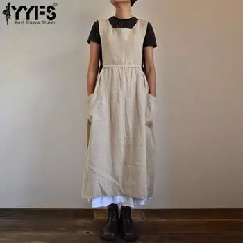 YYFS Женская мода лето весна однотонный принт без рукавов квадратный воротник высокая талия повседневные платья S бежевый