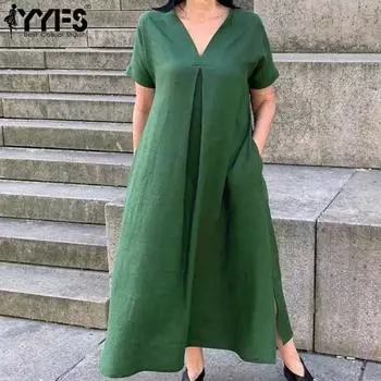 YYFS Женская мода лето весна однотонный принт короткий рукав V-образный вырез свободная талия повседневные платья S зелёный