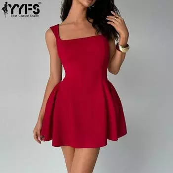 YYFS Женская мода лето весна однотонный принт без рукавов квадратный воротник высокая талия повседневные платья S