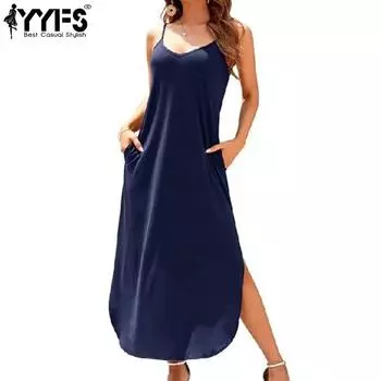 YYFS Женская мода лето весна однотонный принт без рукавов V-образный вырез свободная талия повседневные платья S королевский синий
