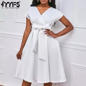 YYFS Женская мода лето весна однотонный принт короткий рукав V-образный вырез высокая талия повседневные платья S белый
