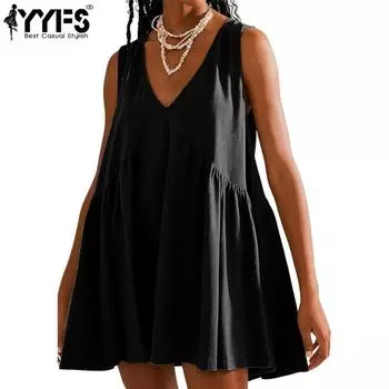 YYFS Женская мода лето весна однотонный принт без рукавов V-образный вырез свободная талия повседневные платья XS чёрный