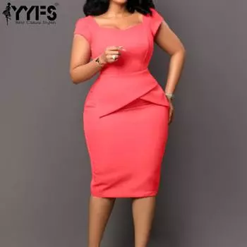 YYFS Женская мода лето весна однотонный принт короткий рукав квадратный воротник высокая талия повседневные платья S розовый
