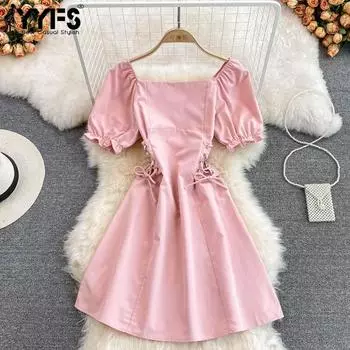 YYFS Женская мода лето весна однотонный принт короткий рукав квадратный воротник высокая талия повседневные платья One Size розовый