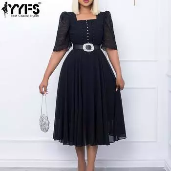 YYFS Женская мода лето весна однотонный принт короткий рукав квадратный воротник высокая талия повседневные платья S белый