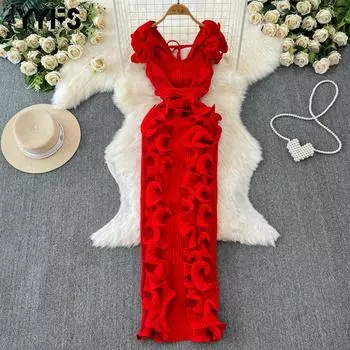 YYFS Женская мода лето весна однотонный принт короткий рукав V-образный вырез высокая талия повседневные платья One size красный