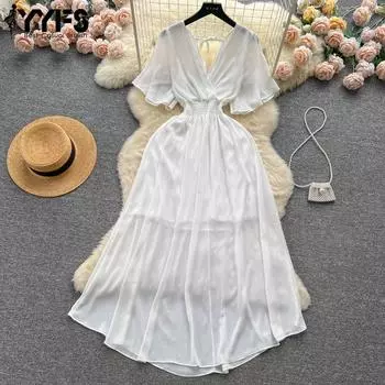 YYFS Женская мода лето весна однотонный принт короткий рукав V-образный вырез высокая талия повседневные платья One size белый