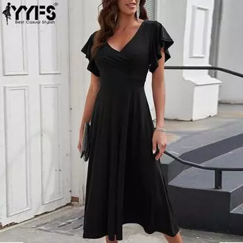 YYFS Женская мода лето весна однотонный принт короткий рукав V-образный вырез высокая талия повседневные платья S