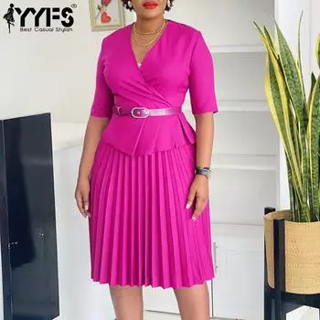 YYFS Женская мода лето весна однотонный принт короткий рукав V-образный вырез высокая талия повседневные платья S