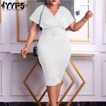 YYFS Женская мода лето весна однотонный принт короткий рукав V-образный вырез высокая талия повседневные платья S белый