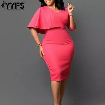 YYFS Женская мода лето весна однотонный принт короткий рукав V-образный вырез высокая талия повседневные платья S розовый