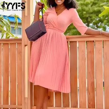 YYFS Женская мода лето весна однотонный принт короткий рукав V-образный вырез высокая талия повседневные платья S розовый