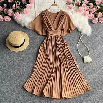 YYFS Женская мода лето весна однотонный принт короткий рукав V-образный вырез высокая талия повседневные платья One size хаки