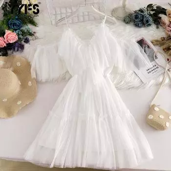 YYFS Женская мода лето весна однотонный принт короткий рукав V-образный вырез высокая талия повседневные платья Size: One Size белый