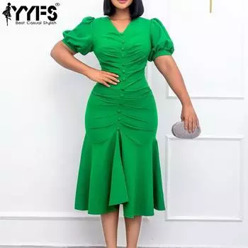 YYFS Женская мода лето весна однотонный принт короткий рукав V-образный вырез высокая талия повседневные платья S зелёный