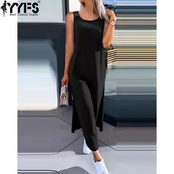 YYFS Женская мода лето весна однотонный принт без рукавов О-образный вырез средняя талия повседневные платья S чёрный