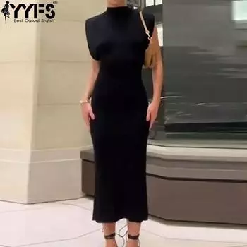 YYFS Женская мода лето весна однотонный принт без рукавов полуводолазка с высокой талией повседневные платья S чёрный
