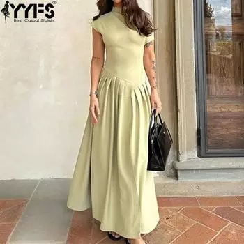 YYFS Женская мода лето весна однотонный принт без рукавов полуводолазка с высокой талией повседневные платья S зелёный