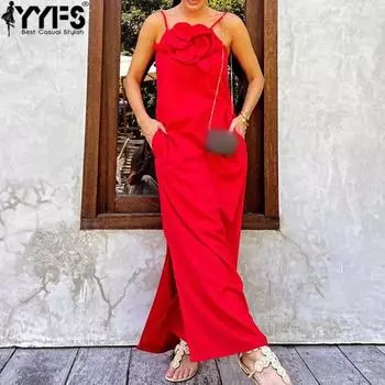 YYFS Женская мода лето весна однотонный принт без рукавов подтяжки свободная талия повседневные платья S красный