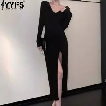 YYFS Женская мода лето весна однотонный принт длинный рукав V-образный вырез высокая талия повседневные платья M фиолетовый