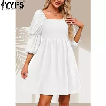YYFS Женская мода лето весна однотонный принт с рукавами 1/2 квадратный воротник с высокой талией повседневные платья S белый