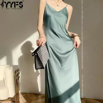 YYFS Женская мода лето весна однотонный принт без рукавов V-образный вырез средняя талия повседневные платья S белый