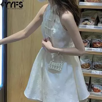 YYFS Женская мода лето весна однотонный принт без рукавов воротник стойка высокая талия повседневные платья S абрикосовый