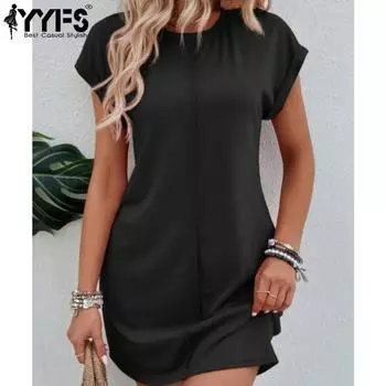 YYFS Женская мода лето весна однотонный принт короткий рукав О-образный вырез свободная талия повседневные платья S чёрный