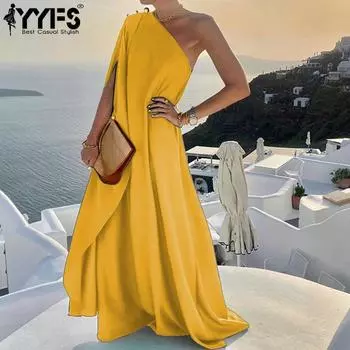 YYFS Женская мода лето весна однотонный принт без рукавов косой воротник свободная талия повседневные платья S жёлтый