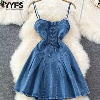 YYFS Женская мода лето весна однотонный принт без рукавов подтяжки высокая талия повседневные платья S синий