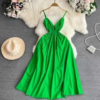 YYFS Женская мода лето весна однотонный принт без рукавов V-образный вырез высокая талия повседневные платья One size чёрный