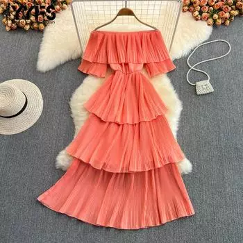 YYFS Женская мода лето весна однотонный принт короткий рукав одно плечо высокая талия повседневные платья One size оранжевый