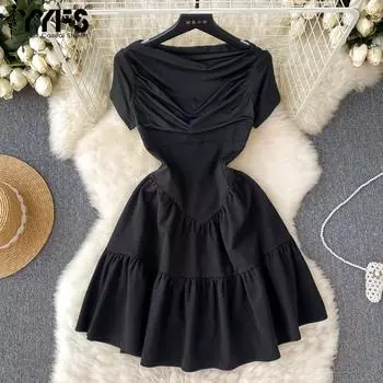 YYFS Женская мода лето весна однотонный принт короткий рукав О-образный вырез высокая талия повседневные платья S чёрный