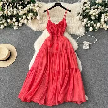 YYFS Женская мода лето весна однотонный принт без рукавов повседневные платья с высокой талией Size: One Size красный