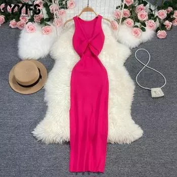 YYFS Женская мода лето весна однотонный принт без рукавов V-образный вырез высокая талия повседневные платья Size: One Size розы красного