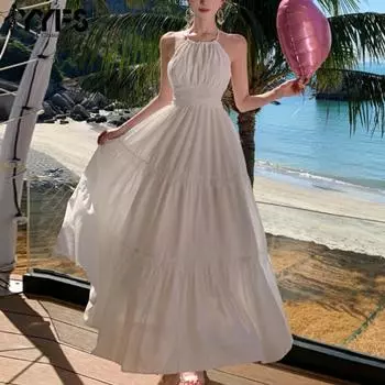 YYFS Женская мода лето весна однотонный принт без рукавов свисающий вырез высокая талия повседневные платья S белый