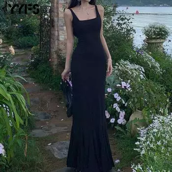 YYFS Женская мода лето весна однотонный принт без рукавов квадратный воротник высокая талия повседневные платья S чёрный