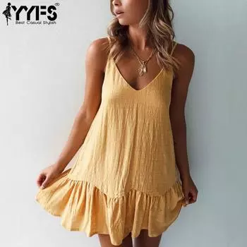 YYFS Женская мода лето весна однотонный принт без рукавов V-образный вырез свободная талия повседневные платья S белый