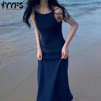 YYFS Женская мода лето весна однотонный принт без рукавов с круглым вырезом и высокой талией повседневные платья S