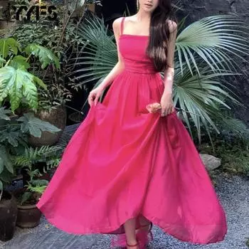 YYFS Женская мода лето весна однотонный принт без рукавов подтяжки высокая талия повседневные платья S розы красного