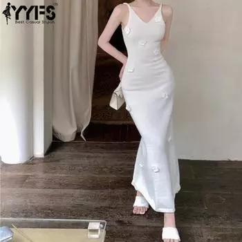 YYFS Женская мода лето весна однотонный принт без рукавов V-образный вырез высокая талия повседневные платья Size: One Size