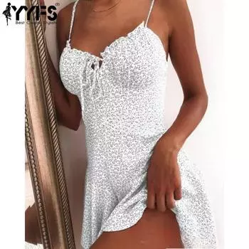 YYFS Женская мода лето весна однотонный принт без рукавов подтяжки высокая талия повседневные платья S белый