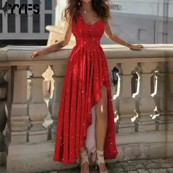 YYFS Женская мода лето весна однотонный принт без рукавов косой воротник высокая талия повседневные платья S красный