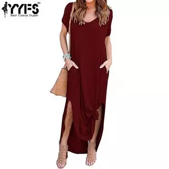 YYFS Женская мода лето весна однотонный принт короткий рукав V-образный вырез свободная талия повседневные платья S бордовый