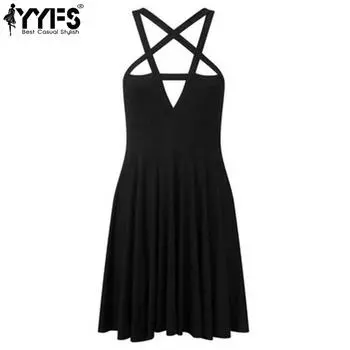 YYFS Женская мода лето весна однотонный принт без рукавов повседневные платья с высокой талией S чёрный