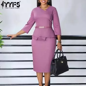 YYFS Женская мода лето весна однотонный принт рукава 3/4 О-образный вырез высокая талия повседневные платья S